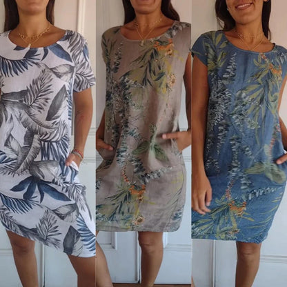 Damen-Rundhals-Kleid mit botanischem Print