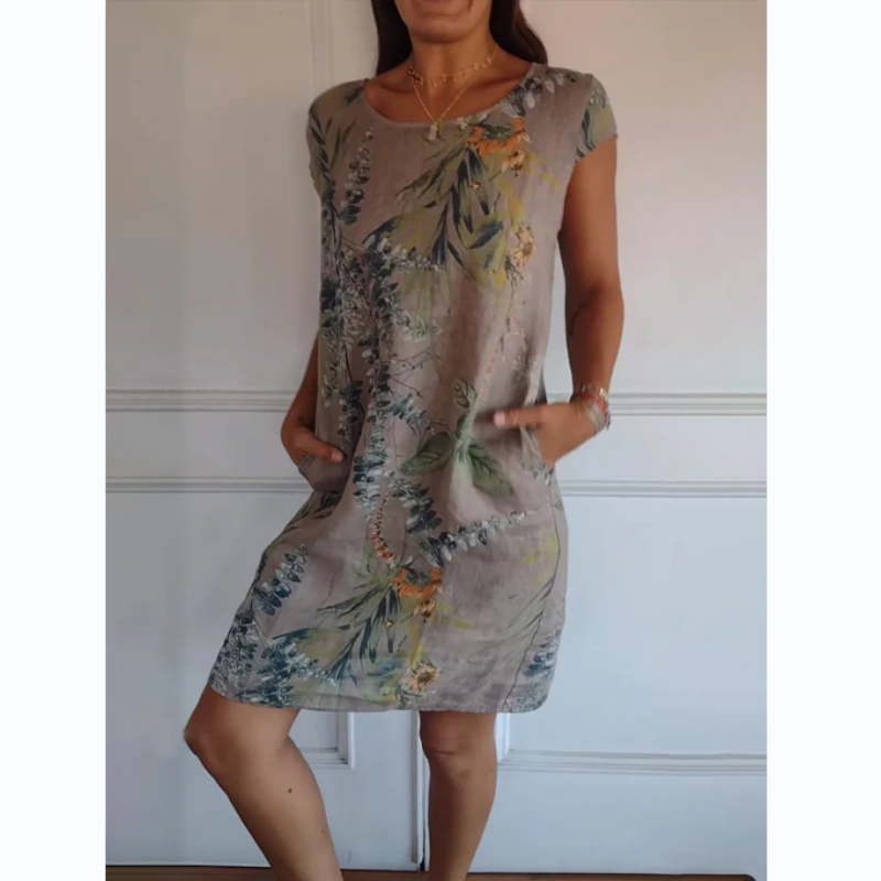 Damen-Rundhals-Kleid mit botanischem Print