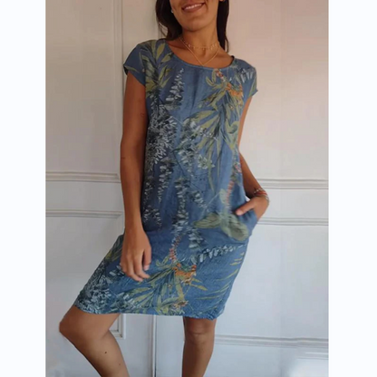 Damen-Rundhals-Kleid mit botanischem Print