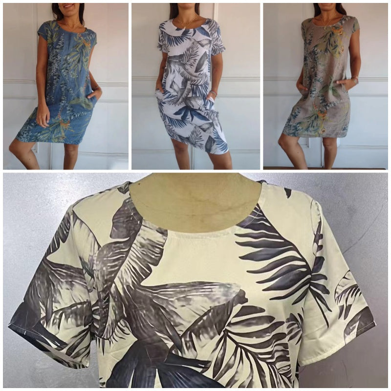 Damen-Rundhals-Kleid mit botanischem Print